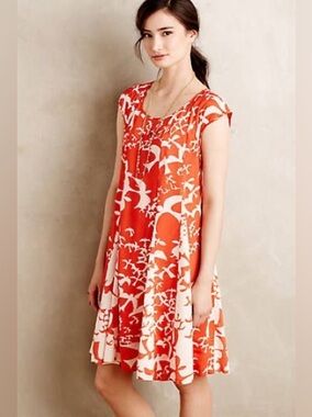 Anthropologie Maeve  Orange Bird Print Swing Dress Size Small Flowy Casual
